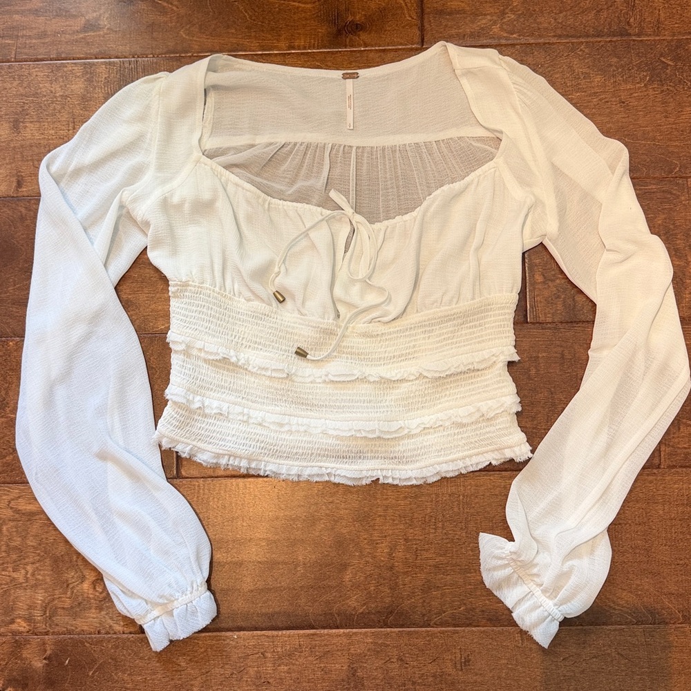 Free People S GUC Lolita ruffle puff cap long sleeve white vintage sheer blouse